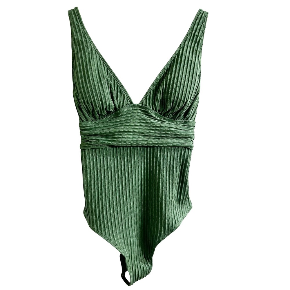 Cupshe Womens Green Ribbed V-Neck One Piece Swimsuit CAA12E4A065RP Size S NEW